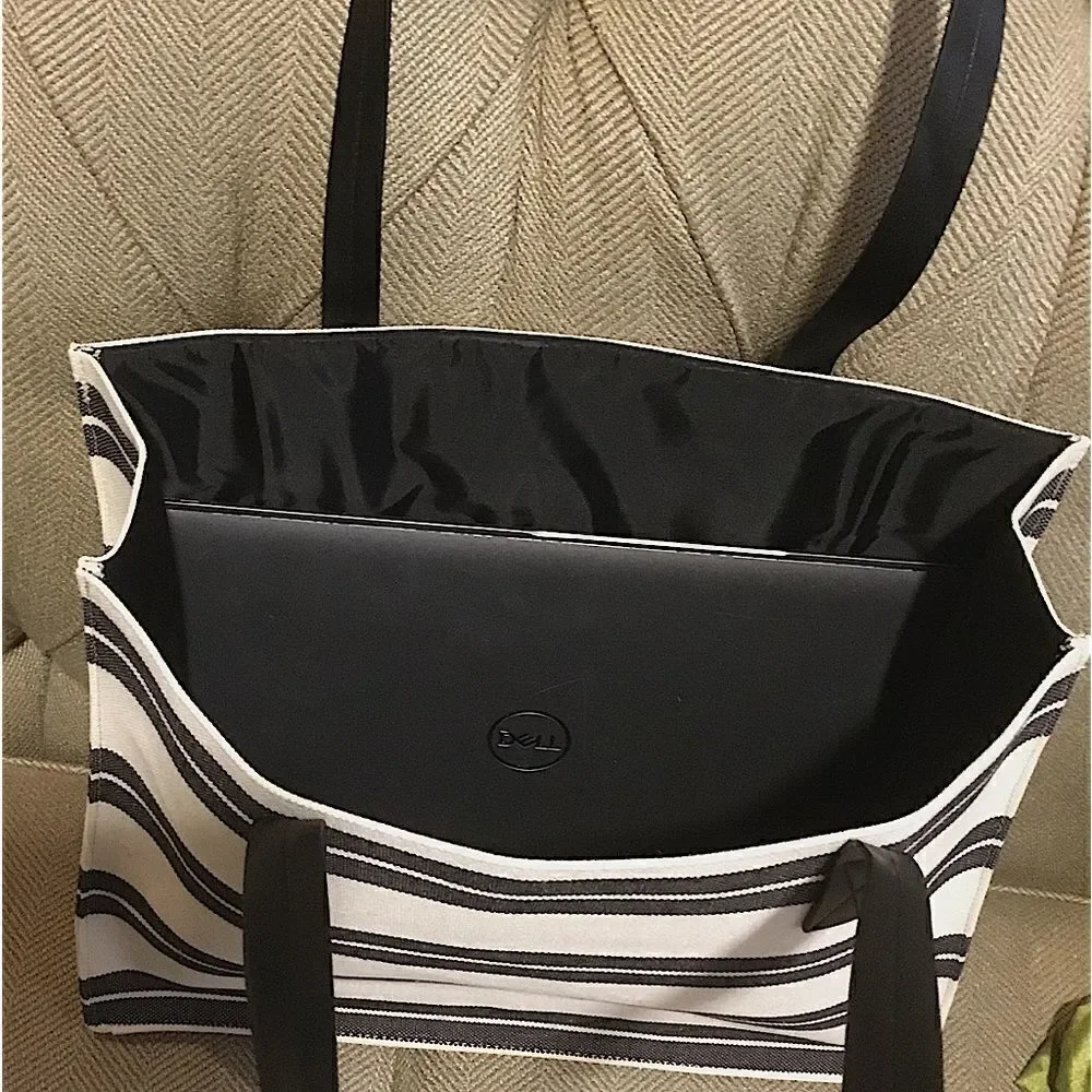 CANVAS TOTE STRIPS CREAM/BLACK WORK, LAPTOP, VACATION, SCHOOL